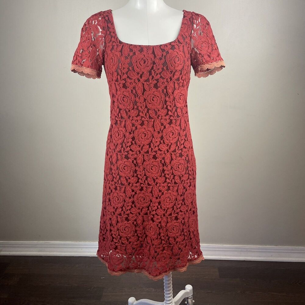 SUNDANCE Lace Overlay DRESS Size 4 Floral Silk Lined Rust Red whimsygoth 90s
